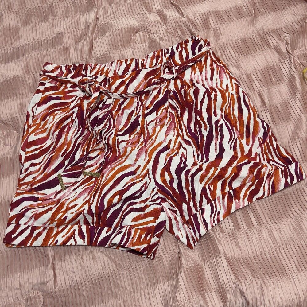 Anne Klein Orange Multicolor Linen Zebra Print Pockets Shorts Size L